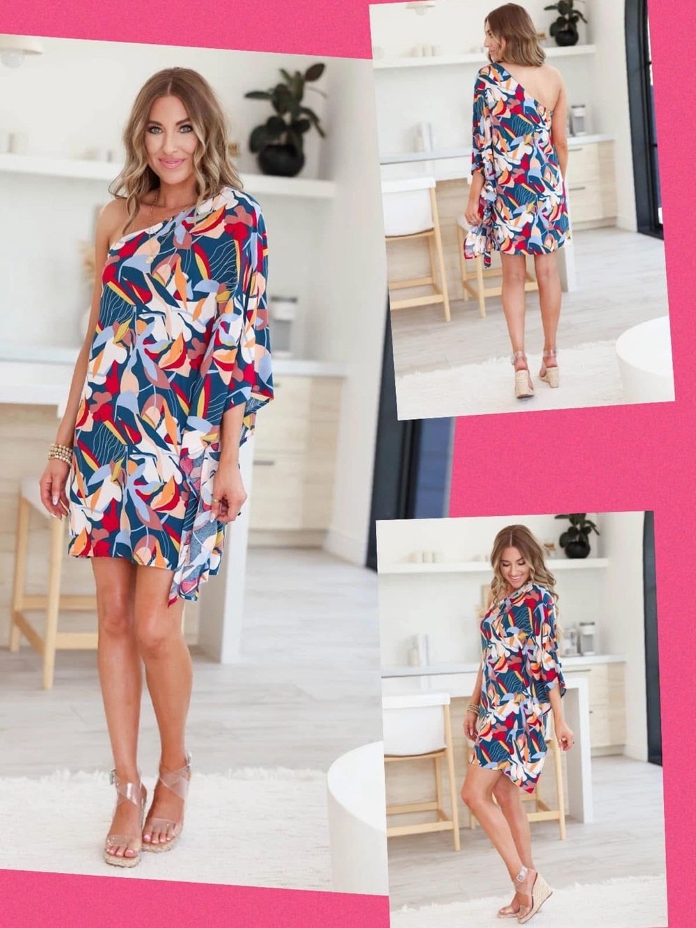 Emily Wonder Suzy One-Shoulder Multicolor Abstract Floral Midi Dress 🆕